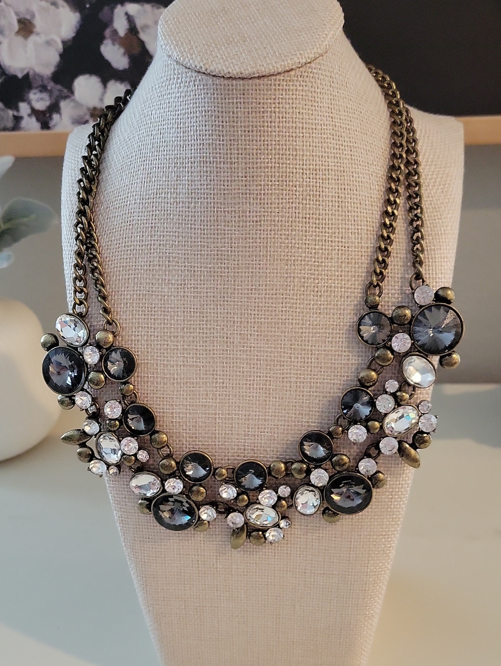 The Limited Antique Gold Floral Crystal Bib Necklace in Gray and Clear